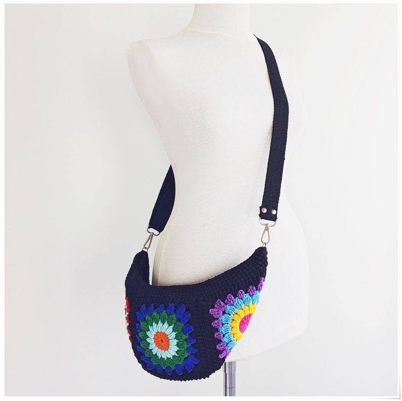 Fanny Pack, Crochet Sling Bag with Strap Variations, Granny Square Bum Bag, Crochet Crossbody Bag, Crocheted Belt Bag with Zipper, Boho Bag image 10