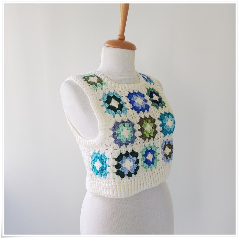 Crochet Granny Square Sweater Vest, Crop Wool Vest, Crochet Vest For Woman, Knitted Vest, Cardigan Sweater, Colorful Sweater, Boho Vest image 2