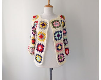 Crochet Granny Square Cardigan, Unique Crochet Coat, Colorful Granny Square Cardigan, Boho Style Crochet Jacket, Crochet Patchwork Cardigan