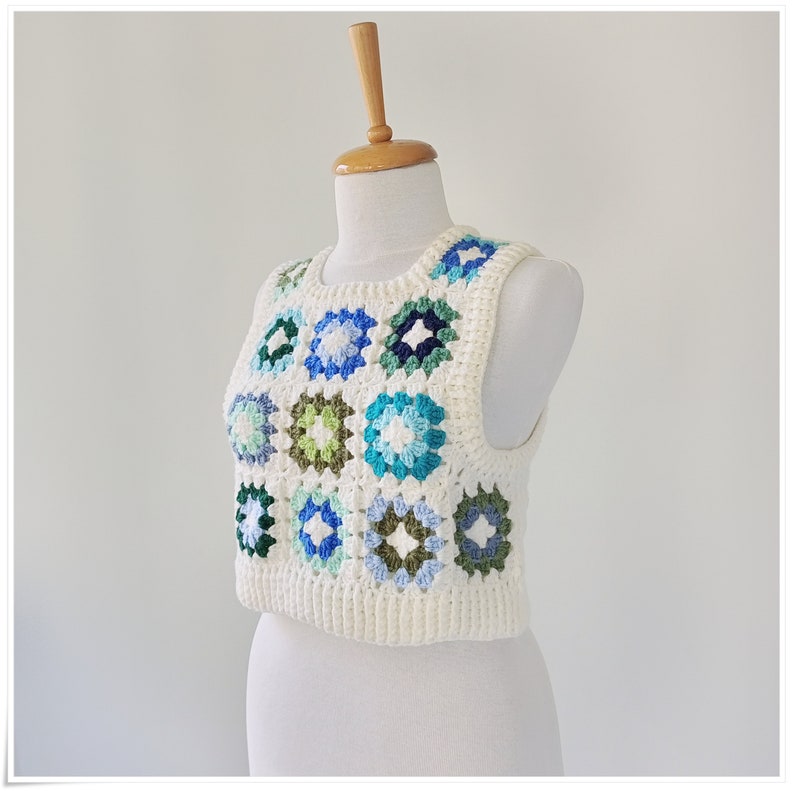 Crochet Granny Square Sweater Vest, Crop Wool Vest, Crochet Vest For Woman, Knitted Vest, Cardigan Sweater, Colorful Sweater, Boho Vest image 3