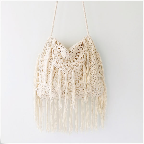 Crochet Fringe Crossbody Bag, Large Boho Hippie Tassel Bag