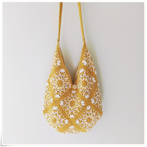 Crochet Granny Square Hobo Bag, Slouchy Shoulder Bag, Large Crossbody Bag, Boho Crossbody Bag, Crochet Purse, Mustard Tote Bag, Hippie Bag