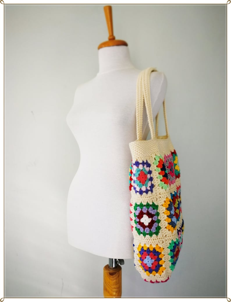 Crochet Bag, Granny Square Bag, Crochet Purse, Crochet Tote Bag, Retro Bag, Hippie Bag, Gift for Her, Boho Bag, Cream Crochet Bag image 5
