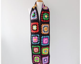 Crochet Granny Square Scarf: Colorful Boho Wool Knit (8x70 in)