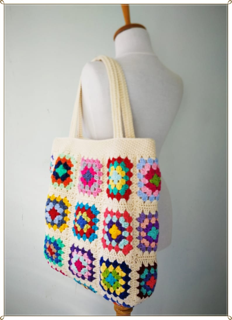 Crochet Bag, Granny Square Bag, Crochet Purse, Crochet Tote Bag, Retro Bag, Hippie Bag, Gift for Her, Boho Bag, Cream Crochet Bag image 6