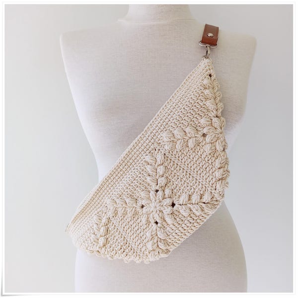 Sac bandoulière, sac banane au crochet, sac bandoulière carré grand-mère, sac banane beige, sac à main au crochet, sac banane fleuri, sac hobo banane, besace