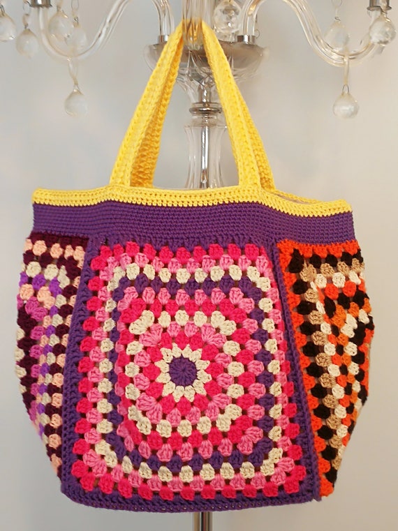 Bolsa de ganchillo Bolsa cuadrada de la abuela Bolsa de compras Bolsa retro Bolsa de alijo Regalo Estilo vintage Estilo hippie Estilo retro Bolsa Boho Bolsa grande Etsy Mexico