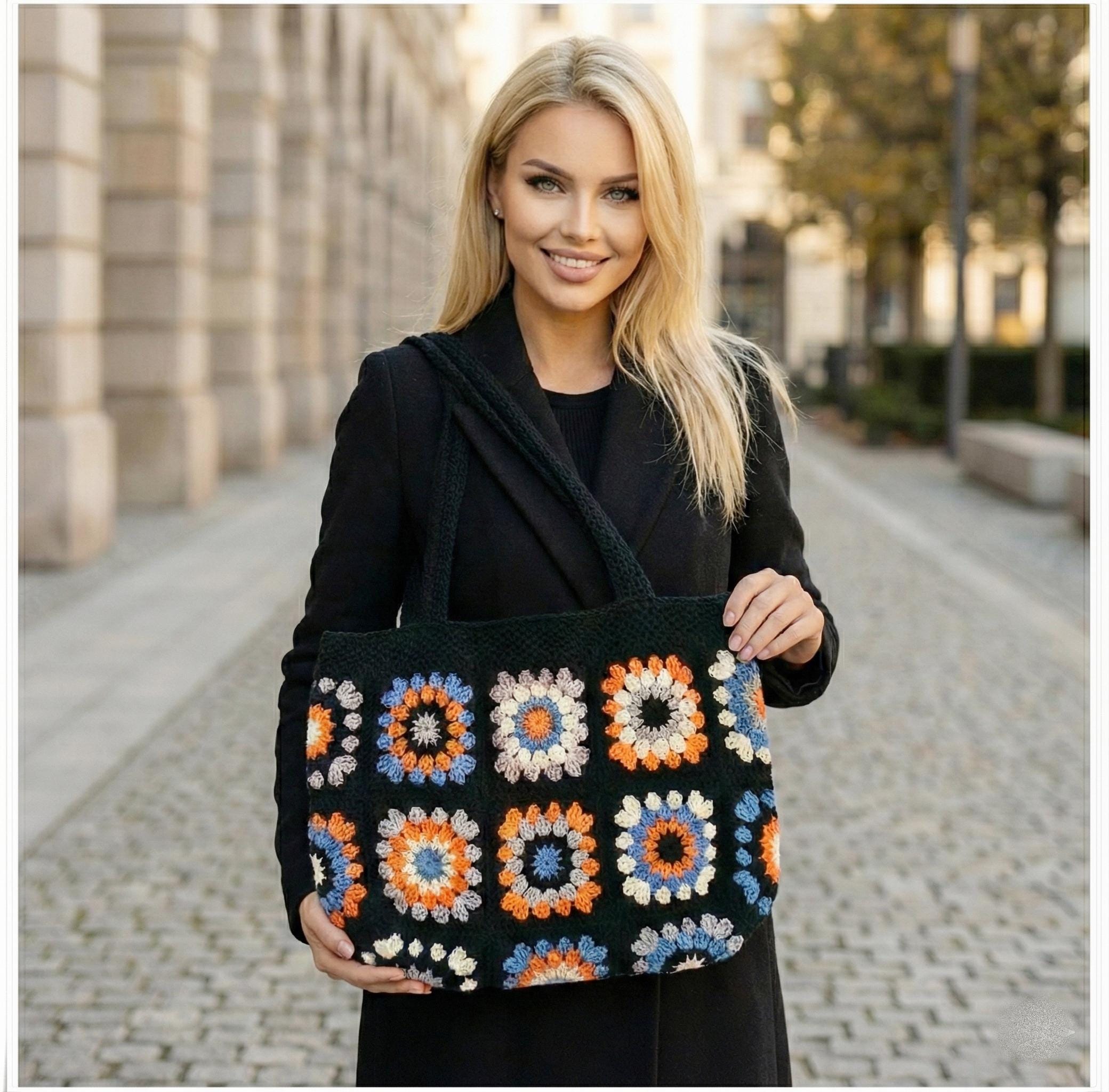 Crochet Granny Square Tote Bag: Handmade Cotton Flower Purse