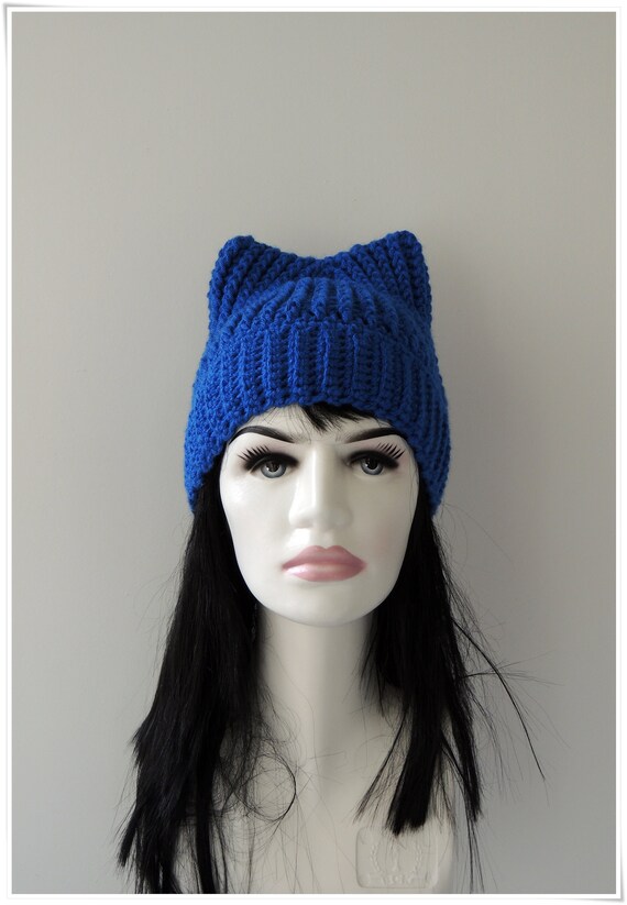 帽子 cat ear knit cap (blue&white) SALE Blue Knit Cat Ear Hat,cat Ear Beanie,chunky Knit Cat