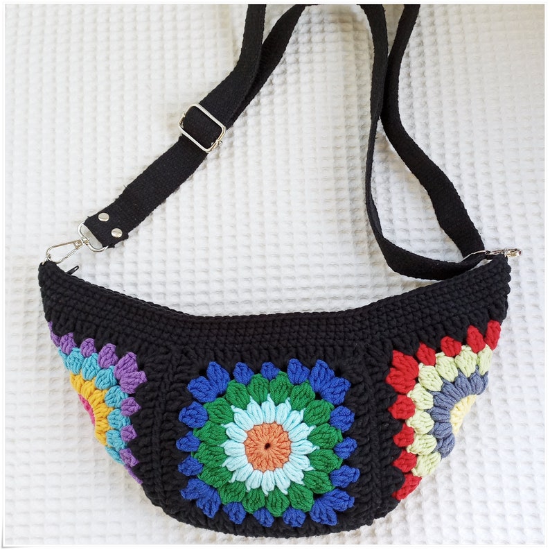 Fanny Pack, Crochet Sling Bag with Strap Variations, Granny Square Bum Bag, Crochet Crossbody Bag, Crocheted Belt Bag with Zipper, Boho Bag image 3