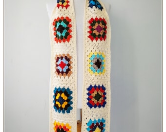 Crochet Granny Square Scarf: Colorful Retro Wool Scarf (8x70 inch)