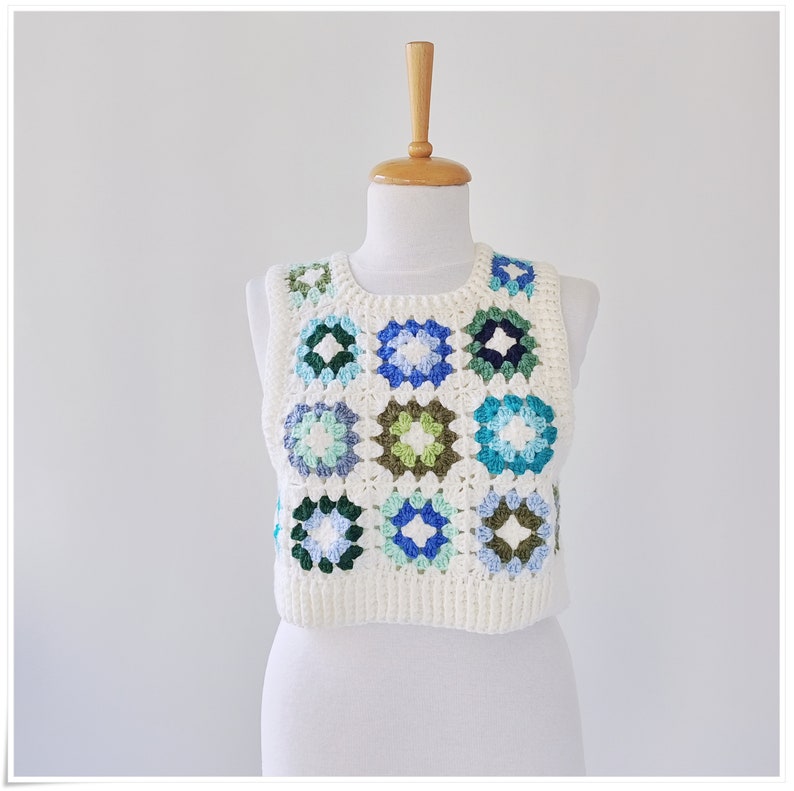 Crochet Granny Square Sweater Vest, Crop Wool Vest, Crochet Vest For Woman, Knitted Vest, Cardigan Sweater, Colorful Sweater, Boho Vest image 8