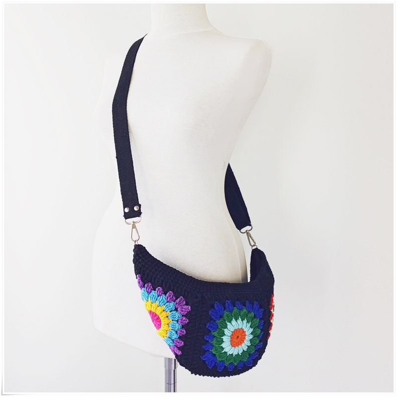 Fanny Pack, Crochet Sling Bag with Strap Variations, Granny Square Bum Bag, Crochet Crossbody Bag, Crocheted Belt Bag with Zipper, Boho Bag image 5