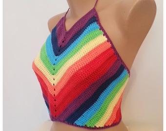 Top halter arcoíris de crochet: top corto bohemio para festivales
