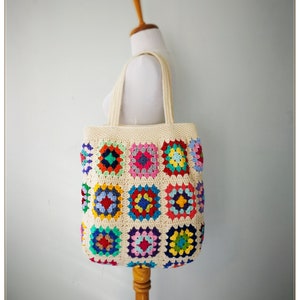 Crochet Bag, Granny Square Bag, Crochet Purse, Crochet Tote Bag, Retro Bag, Hippie Bag, Gift for Her, Boho Bag, Cream Crochet Bag image 10