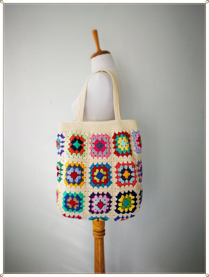 Crochet Bag, Granny Square Bag, Crochet Purse, Crochet Tote Bag, Retro Bag, Hippie Bag, Gift for Her, Boho Bag, Cream Crochet Bag image 10