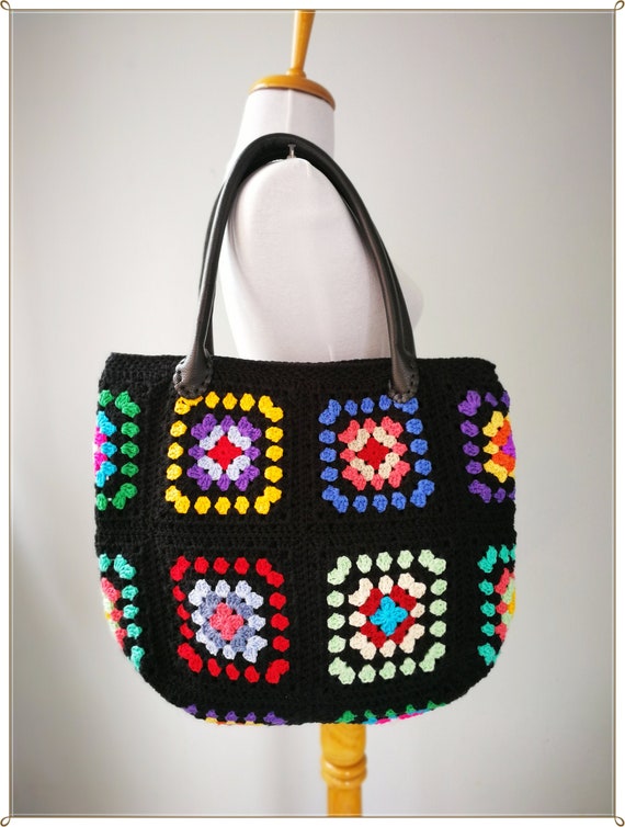 Crochet Bag Granny Square Bag Large Bag black Bag Retro | Etsy