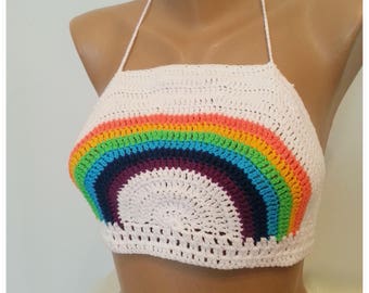 Crochet Halter Top, Crop Top, Retro Top, Rainbow Top, Summer Top, Festival Top, Women Top, Gift for Her, Birthday Gift, Hippie Style