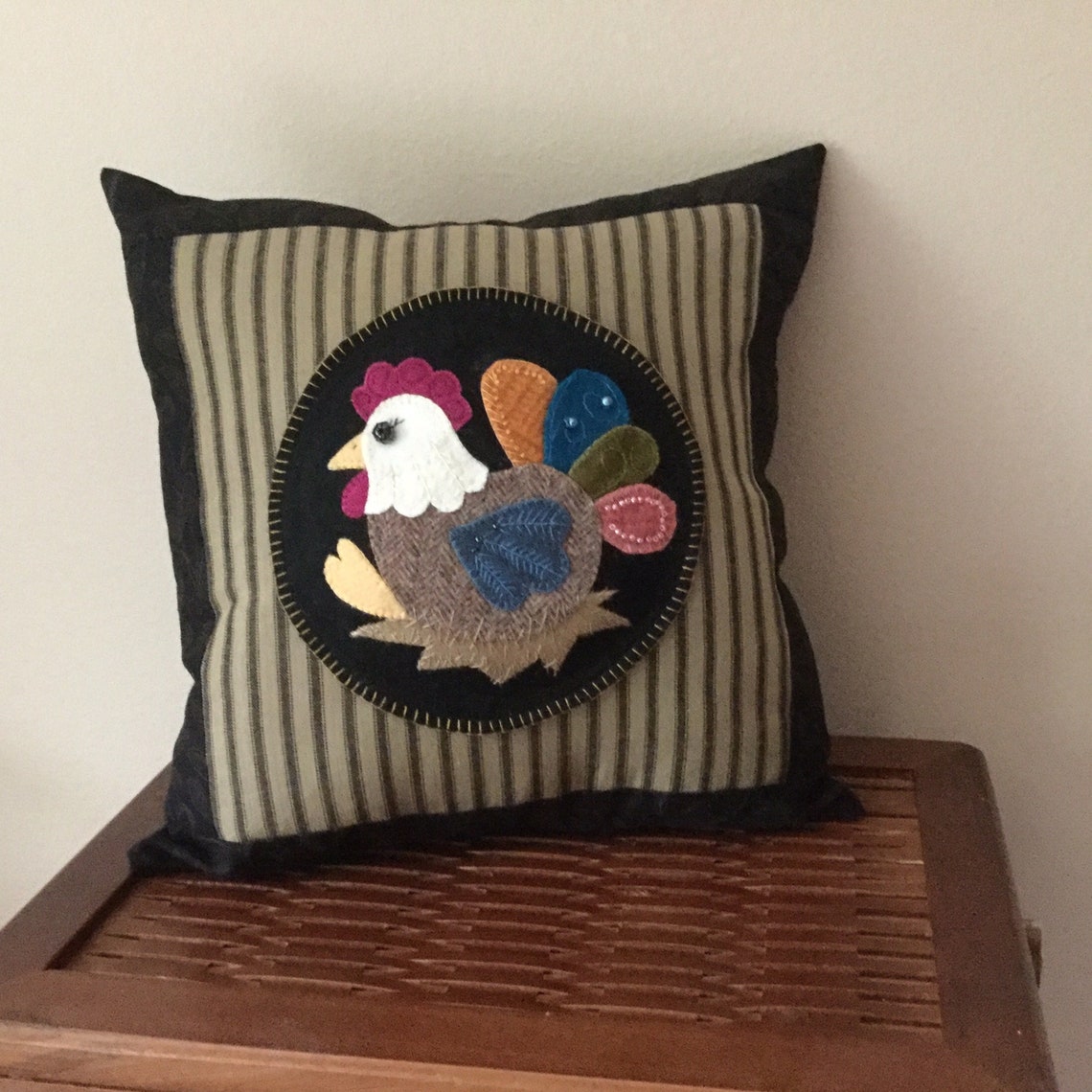 Finished Wool Applique Pillow Large Tuck Pillow Chicken Wool Etsy