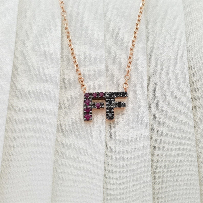 Solid gold necklace initials with rubis and black Diamonds initial necklace letterscharm initial unique gift,