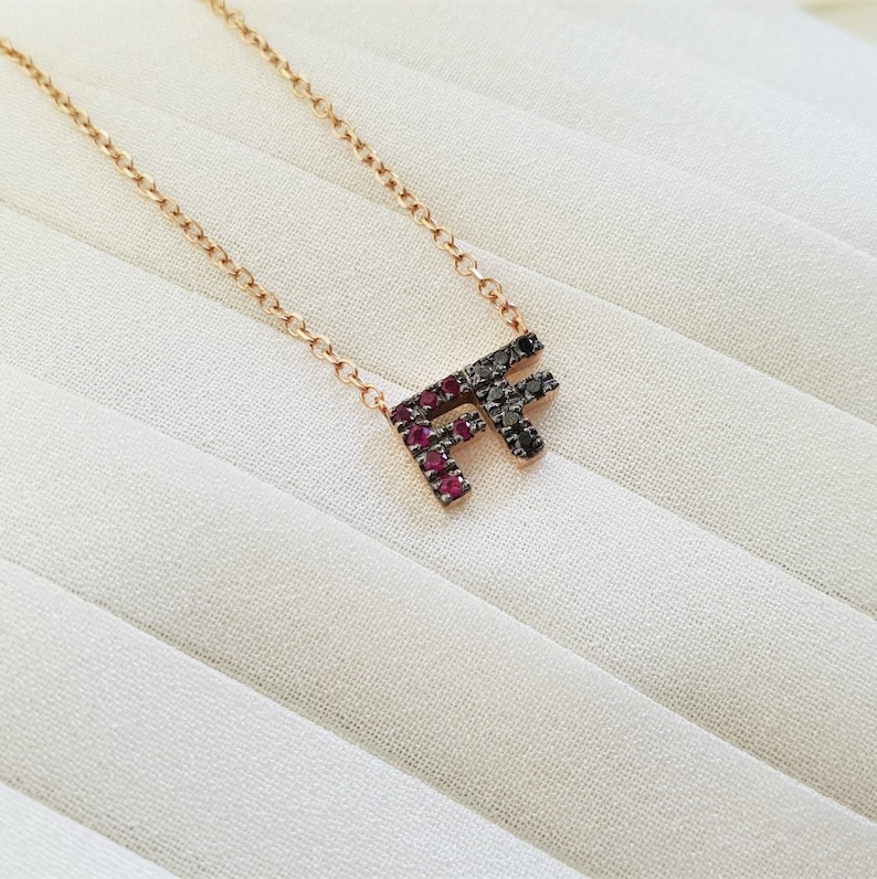 Solid gold necklace initials with rubis and black Diamonds initial necklace letterscharm initial unique gift,