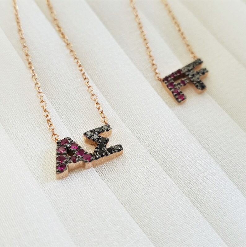 Solid gold necklace initials with rubis and black Diamonds initial necklace letterscharm initial unique gift,