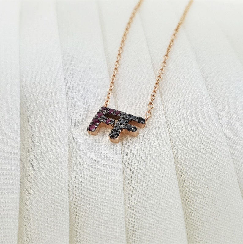Solid gold necklace initials with rubis and black Diamonds initial necklace letterscharm initial unique gift,