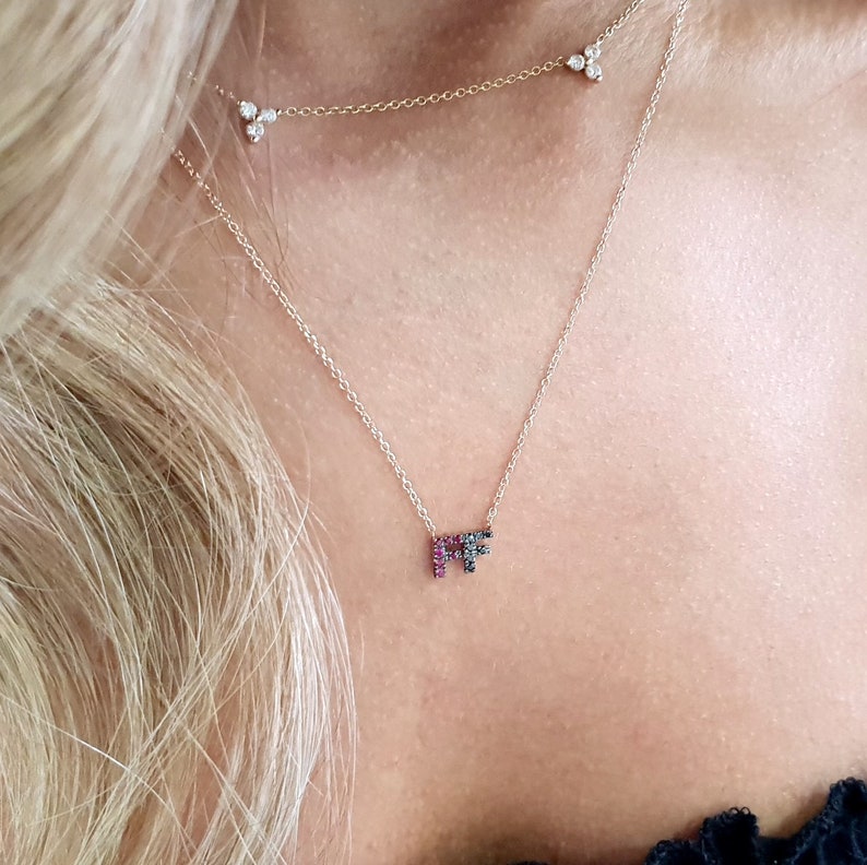 Solid gold necklace initials with rubis and black Diamonds initial necklace letterscharm initial unique gift,