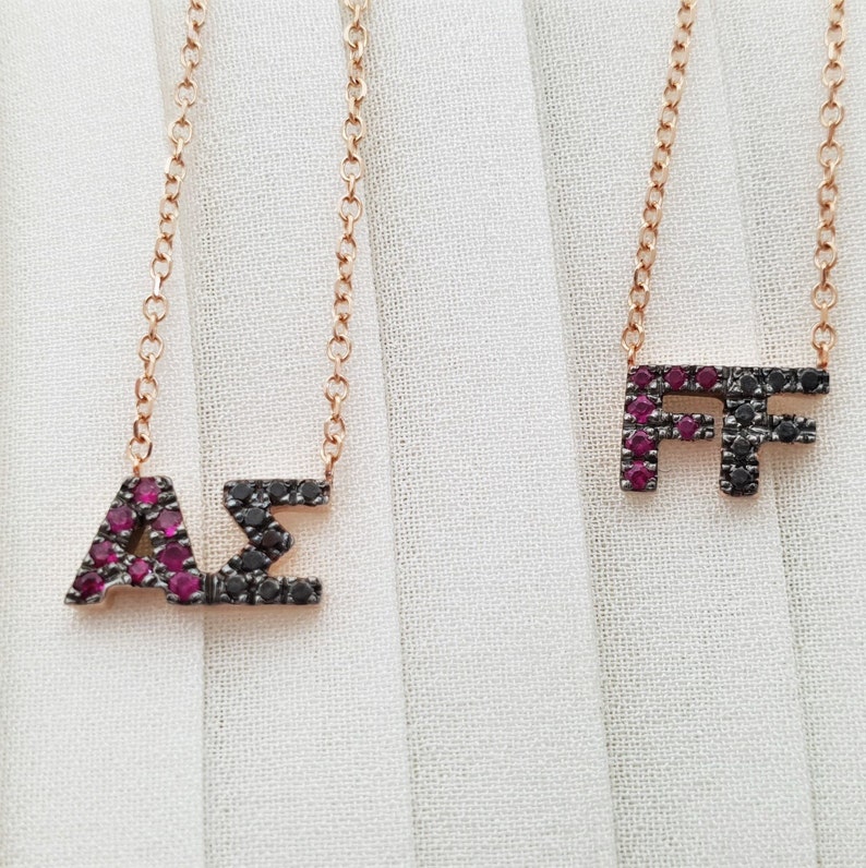 Solid gold necklace initials with rubis and black Diamonds initial necklace letterscharm initial unique gift,
