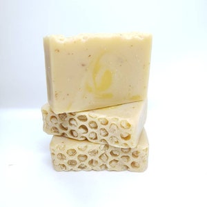 Honey Bee Soap Crafted with Oatmeal, a Yellow Swirl and Honeycomb Design on Top, All Natural Artisan Cold Process Handmade Homemade Bar Gift