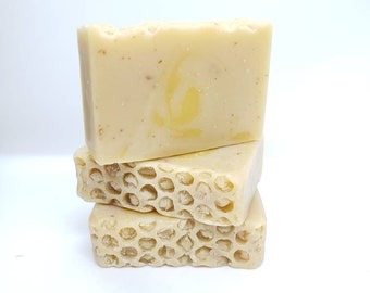 Honey Bee Soap Crafted with Oatmeal, a Yellow Swirl and Honeycomb Design on Top, All Natural Artisan Cold Process Handmade Homemade Bar Gift