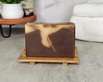 Sandalwood Vanilla Soap, Goats Milk + Olive Oil Soap Homemade Hand Crafted Handmade Natural Cold Process Artisan Bar Soap Cake w Wispy Swirl