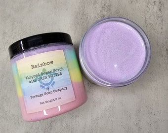 Rainbow Layered Whipped Soap Sugar Scrub with Shea Butter, Luxurious Exfoliating Frosting Foaming Bath Whip 8oz, Free Gift Wrap, Great Scent