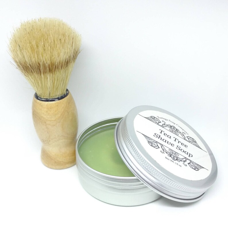 Tea Tree Shave Soap - All Natural Tea Tree Shave Soap with or without a Badger Hair Brush - Travel Tin Shaving Kit Wet Shave Soap Tin Puck