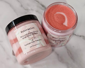 Watermelon Whipped Soap Sugar Scrub with Shea Butter, Emulsified Pink Layered Luxurious Exfoliating Frosting Foaming Bath Whip 8 oz Gift