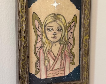 Dibujo de hadas, obra de arte original enmarcada / Retrato mágico de surrealismo pop
