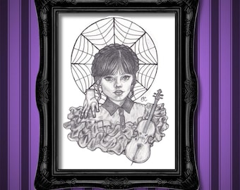 Arte original da Wandinha Addams, fanart gótica em tons de cinza, desenho único a lápis em preto e branco.
