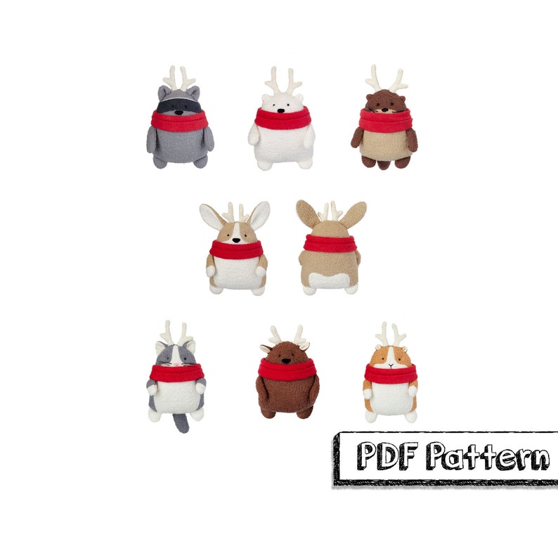 PDF Sewing Pattern Set - Full Size, Tiny Size, and Ornament 10" and 5" Plush (Corgi, Cat, Guinea Pig, Otter, Raccoon, Polar Bear, & Deer) image 2