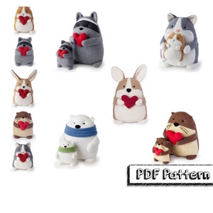 May include: A set of PDF sewing patterns for plush toys. The patterns include a variety of animals, including a raccoon, a cat, a dog, a polar bear, an otter, and a hamster. Each animal is holding a red heart. The text "PDF Pattern" is visible in the image.