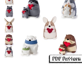 PDF 縫製パターン セット - フルサイズ、タイニーサイズ、オーナメント 10 インチと 5 インチのぬいぐるみ (コーギー、猫、モルモット、カワウソ、アライグマ、ホッキョクグマ、シカ)