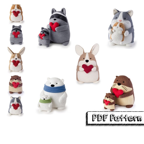 PDF-naaipatroonset - volledig formaat, klein formaat en ornament 10" en 5" pluche (Corgi, kat, cavia, otter, wasbeer, ijsbeer en herten)