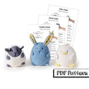 Set of Chubby Bunny, Fluffy Lamb, and Baby Chick PDF Sewing Patterns in 2 Sizes Plus Step-by-Step Tutorials for the Perfect DIY Gift