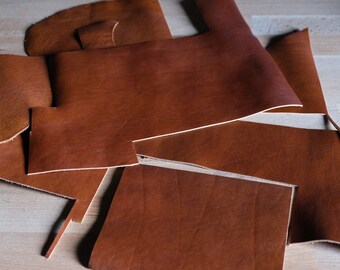 LARGE leather panels, bundle of vegetable tannned leather scraps, large leather offcuts of veg tan leather, aniline finish leather