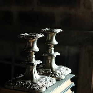 PAIR of silver plated candlestick holders decorated with grapes and vine leaves, antique candle stick holders