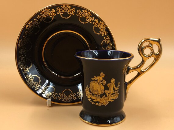 Limoges Castel Porcelain Blue & 22k Gold Demitasse / Chocolate Cup  