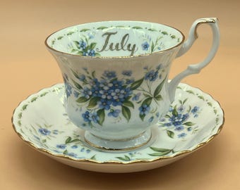 Vintage Royal Albert China Flower of the Month Series July Forget-Me-Not tea cup & saucer duo. - FREE UK POST -