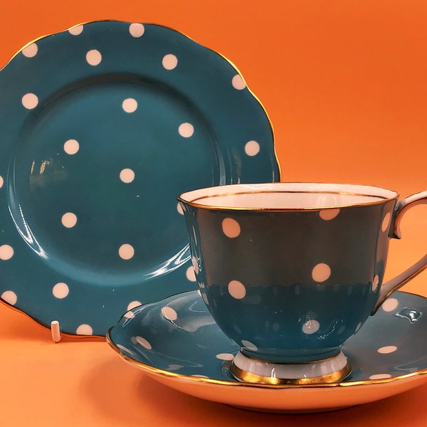 Vintage Royal Albert China Countess Shape Turquoise Polka Dots tea cup, saucer & side plate trio. - FREE UK POST -