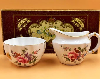 Vintage Royal Crown Derby China Derby Posies design tea set size creamer & open sugar bowl set in original box. - FREE UK POST -