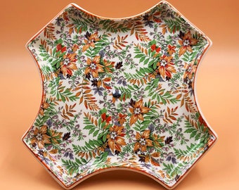 Midwinter Pottery Chintz cake stand / tazza in a vibrant orange and green pattern. - FREE UK POST.