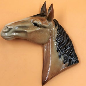 May include: A ceramic horse head wall decor with a brown and black glaze. The horse has a realistic sculpted face and a black mane.